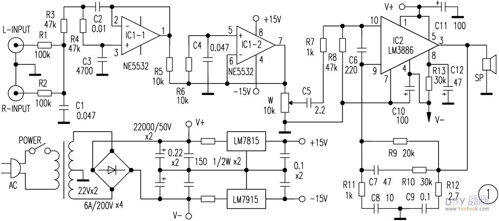三款 NE5532运放+LM3886T低音炮功放电路