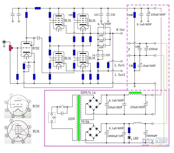 采用el91电子管耳放胆机耳机放大器