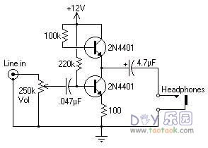 简单的2n4401晶体管分立器件耳机放大器耳放