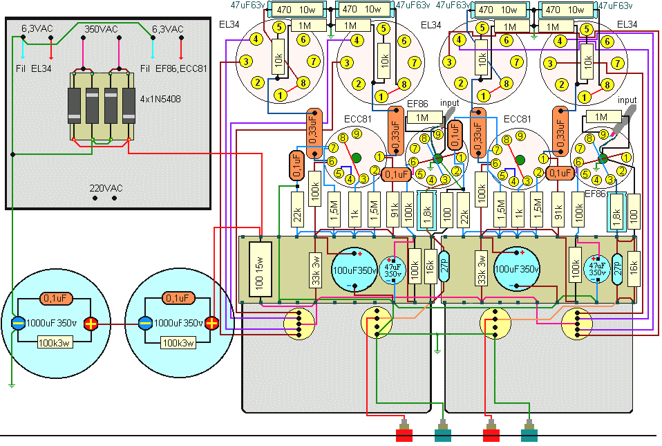 仿Leak T25 ef86(6267)+12at7+el84(6p14)电子管推挽胆机实体布线
