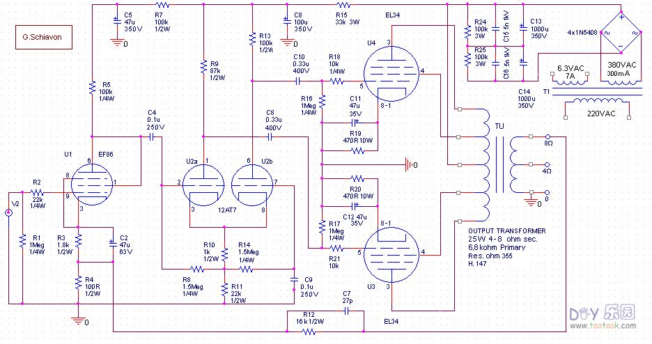 仿Leak T25 ef86(6267)+12at7+el84(6p14)电子管推挽胆机实体布线