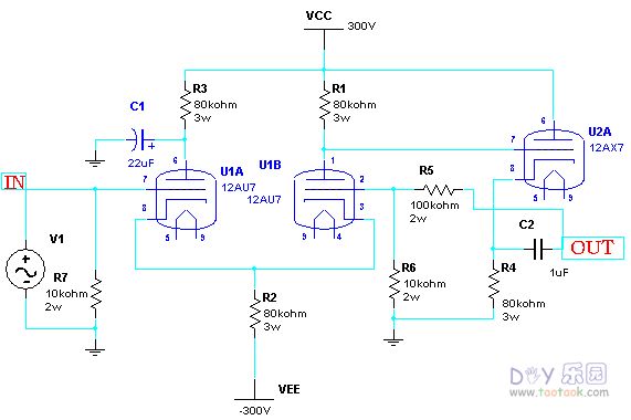 12AU7+12Ax7 10倍前级放大电路