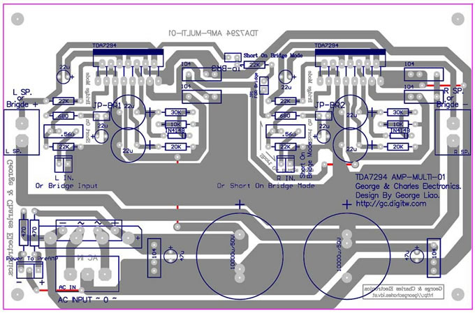 可直接設定為橋接(BTL)的TDA-7294雙聲道功率擴大機
