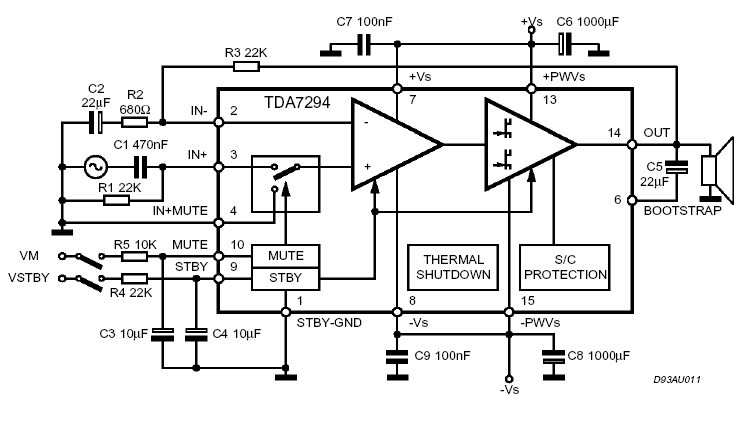 可直接設定為橋接(BTL)的TDA-7294雙聲道功率擴大機