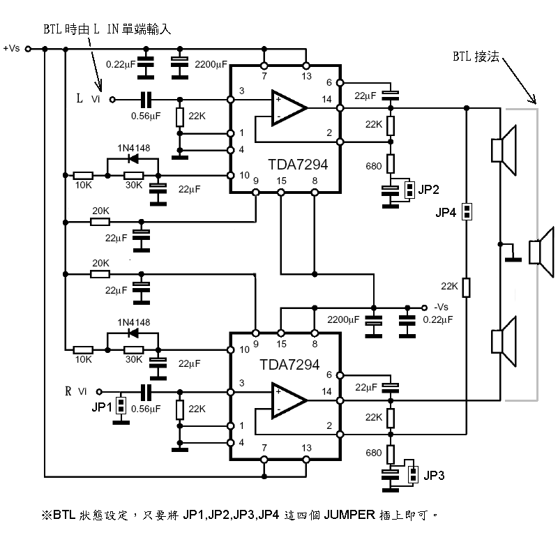 可直接設定為橋接(BTL)的TDA-7294雙聲道功率擴大機