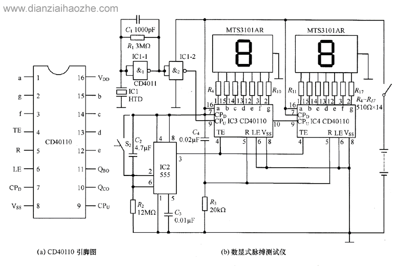 CD40110逻辑功能和数显式脉搏测试仪
