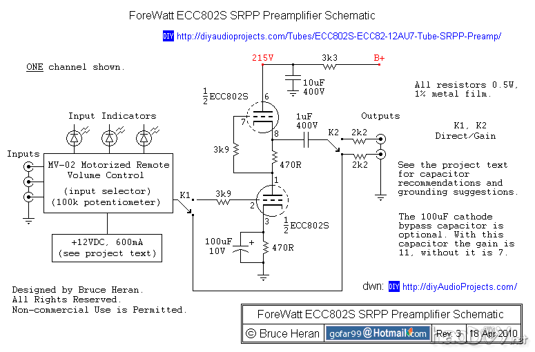 ECC802S / 12AU7 / ECC82阀前置放大器电路图 美国译文:DIY ECC802S(12AU7 / ECC82)电子管SRPP前级放大器