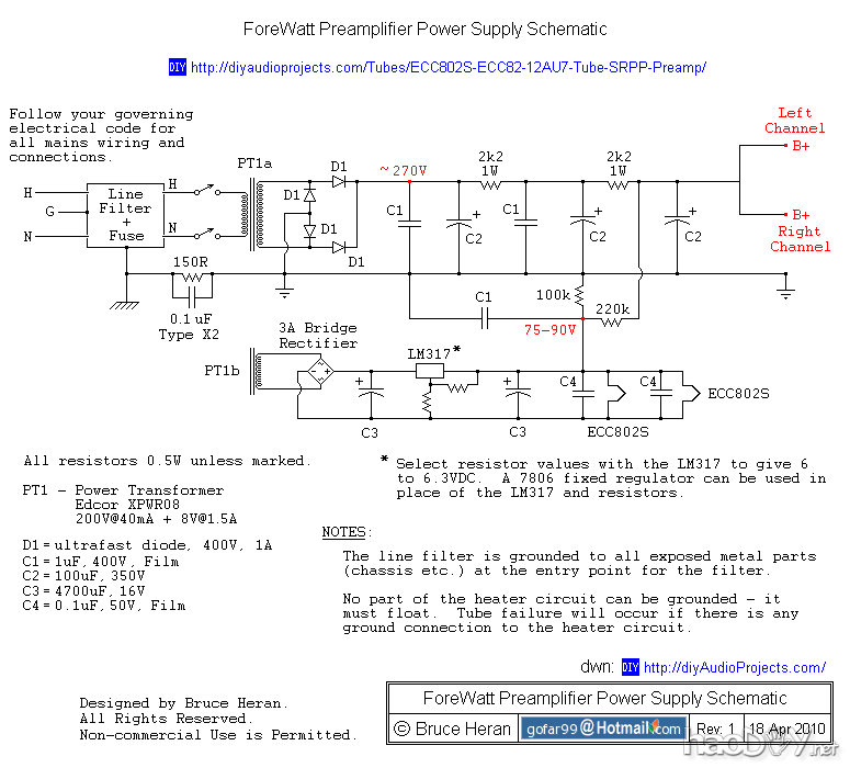 ForeWatt前置放大器电源原理图 美国译文:DIY ECC802S(12AU7 / ECC82)电子管SRPP前级放大器