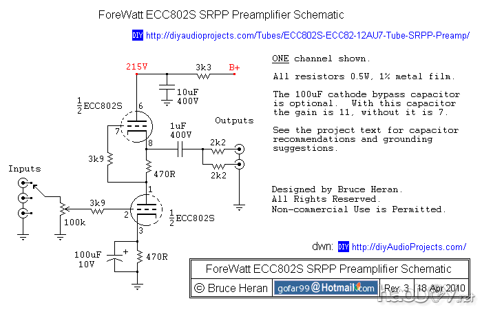 ECC802S / 12AU7 / ECC82管前置放大器电路图 美国译文:DIY ECC802S(12AU7 / ECC82)电子管SRPP前级放大器