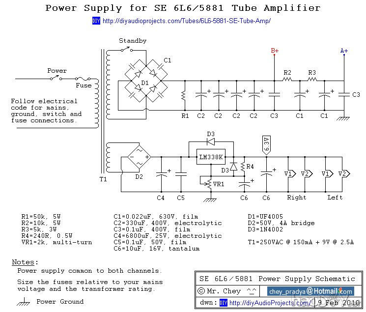 6L6 / 5881单端(SE)电子管功放的电源原理图 泰国译文:6L6(6p3p,5881)单端(SE)DIY电子管放大器胆机
