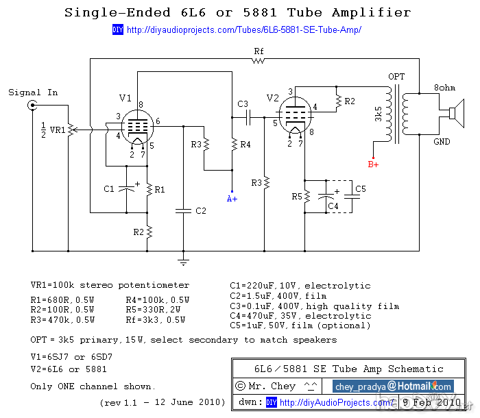 单端(SE)6L6 / 5881电子管放大器原理图 泰国译文:6L6(6p3p,5881)单端(SE)DIY电子管放大器胆机