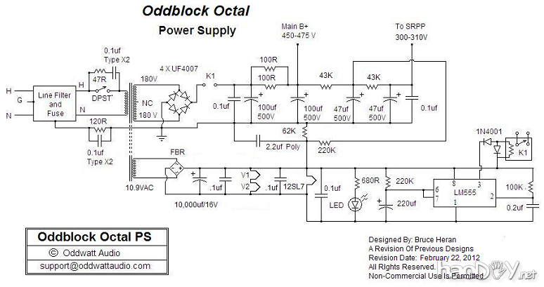 Oddblock八 - 电源原理图 美国译文:DIY 12SL7的SRPP+KT88推挽电子管功放胆机