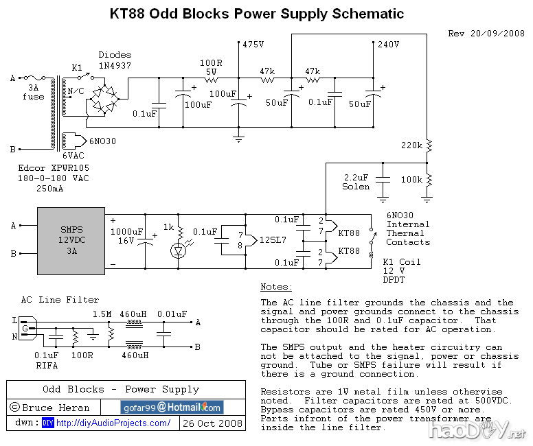 12SL7 / KT88电子管功放电源原理图 美国译文:DIY 12SL7的SRPP+KT88推挽电子管功放胆机