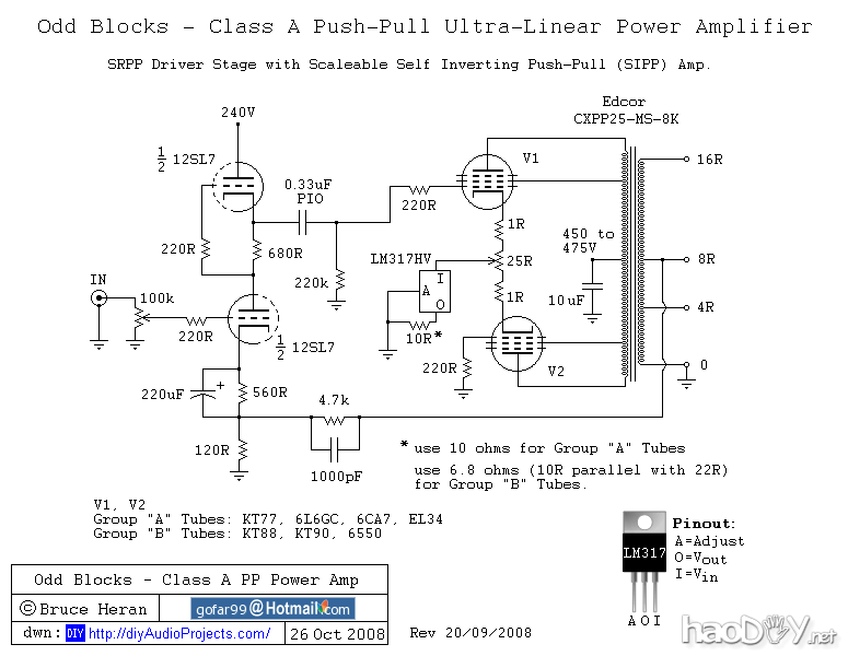 SRPP 12SL7 / KT88推挽电子管功放原理图 美国译文:DIY 12SL7的SRPP+KT88推挽电子管功放胆机
