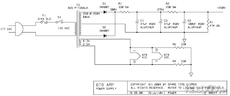 6T9阀放大器电源原理图 澳大利亚译文:DIY的6T9电子管单端胆机功放项目