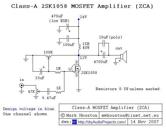 单端A类MOSFET放大器原理图 澳大利亚译文:DIY-A级2SK1058 MOSFET放大器功放