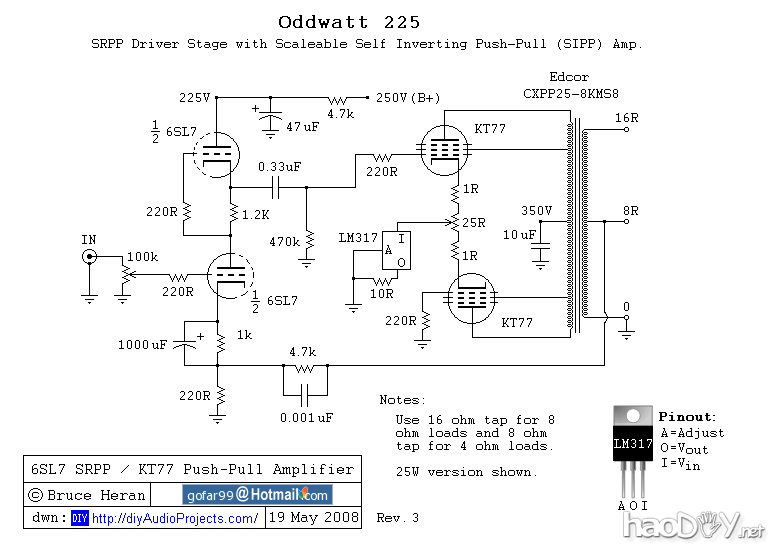 6SL7 SRPP / KT77推挽电子管功放原理图 美国译文:6SL7 SRPP+KT77-A级推挽电子管放大器胆机