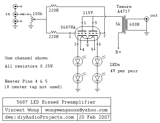 5687的Hi-Fi电子管前置放大器原理与LED偏置 新加坡译文:5687真空管(电子管)Hi-Fi的前级放大器(LED偏置)