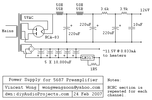 5687管前置放大器电源原理图 新加坡译文:5687真空管(电子管)Hi-Fi的前级放大器(LED偏置)