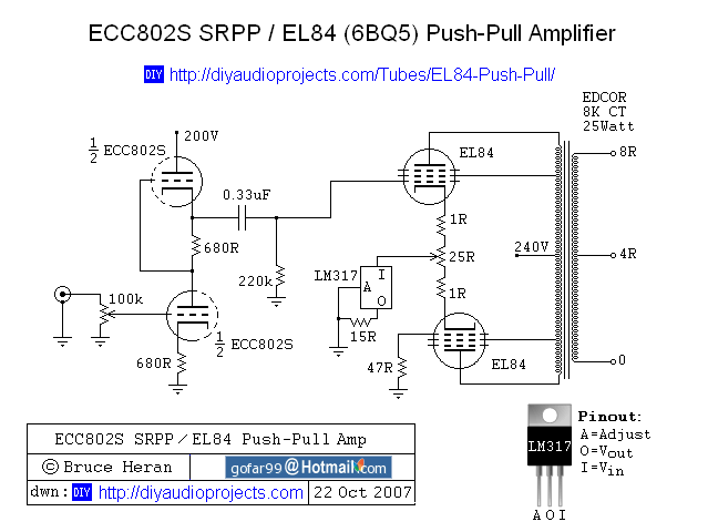 ECC802S的SRPP / EL84推挽式CCS管放大器原理图 美国译文:ECC802S(12au7) SRPP+ EL84(6BQ5,6p14)电子管推挽胆