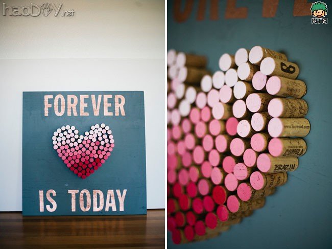 制作用废弃的红酒瓶塞DIY渐变色桃心立体墙上挂画图解