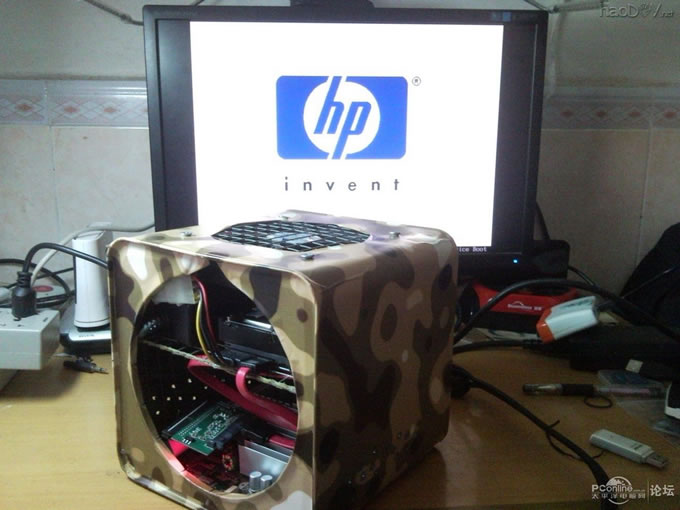 点击查看原图 软硬大改T5710瘦客户机,废旧饼罐改造电脑机箱,30W节能迷彩下载