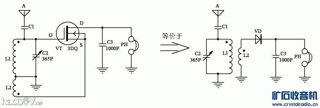 电路图2.gif 3DQ场效应管矿石收音机实验
