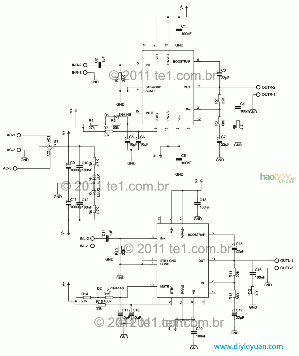 用TDA7293制作的200W立体声音频放大器功放