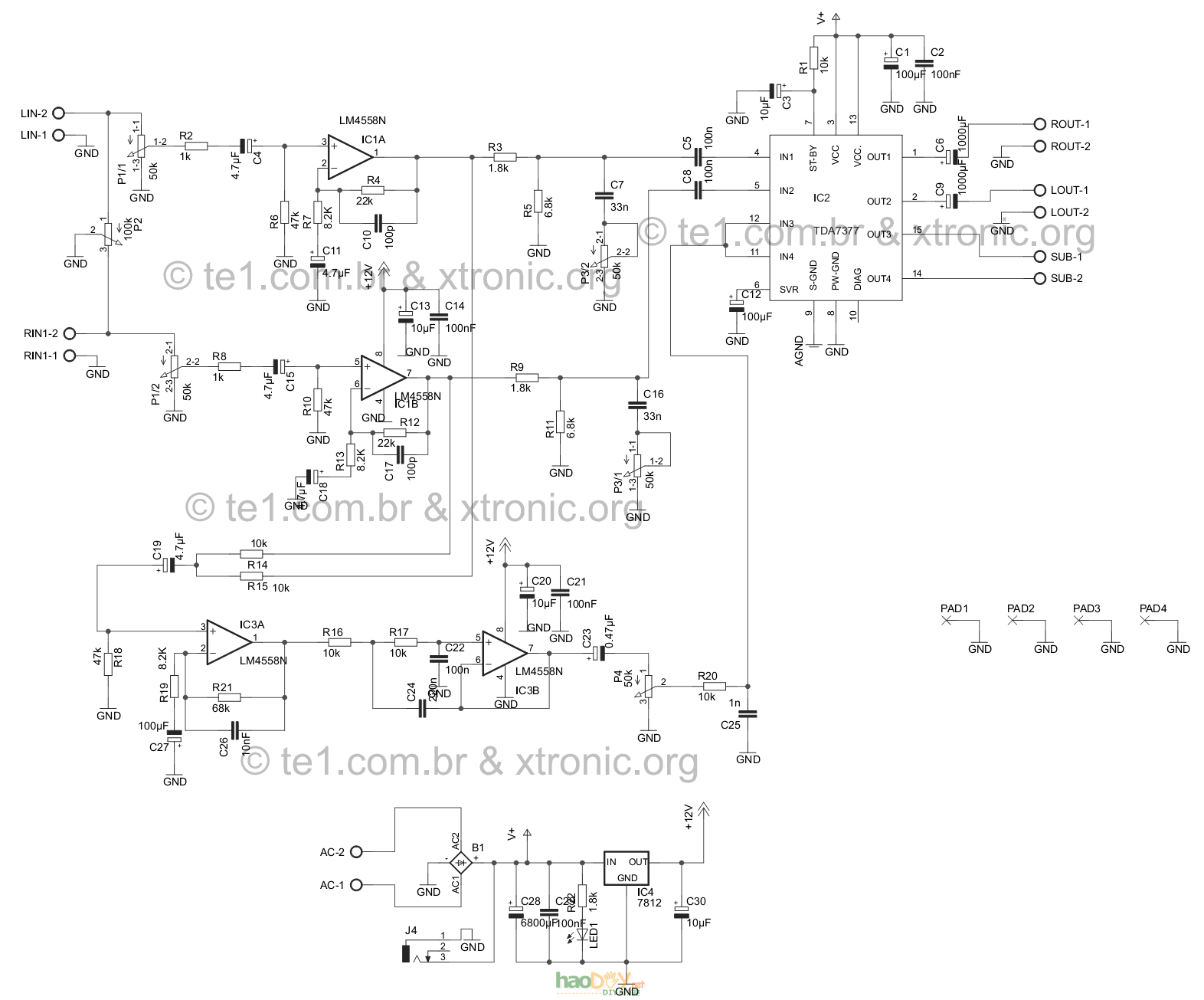 TDA7377制作的2.1声道立体声重低音2×12W加37功放