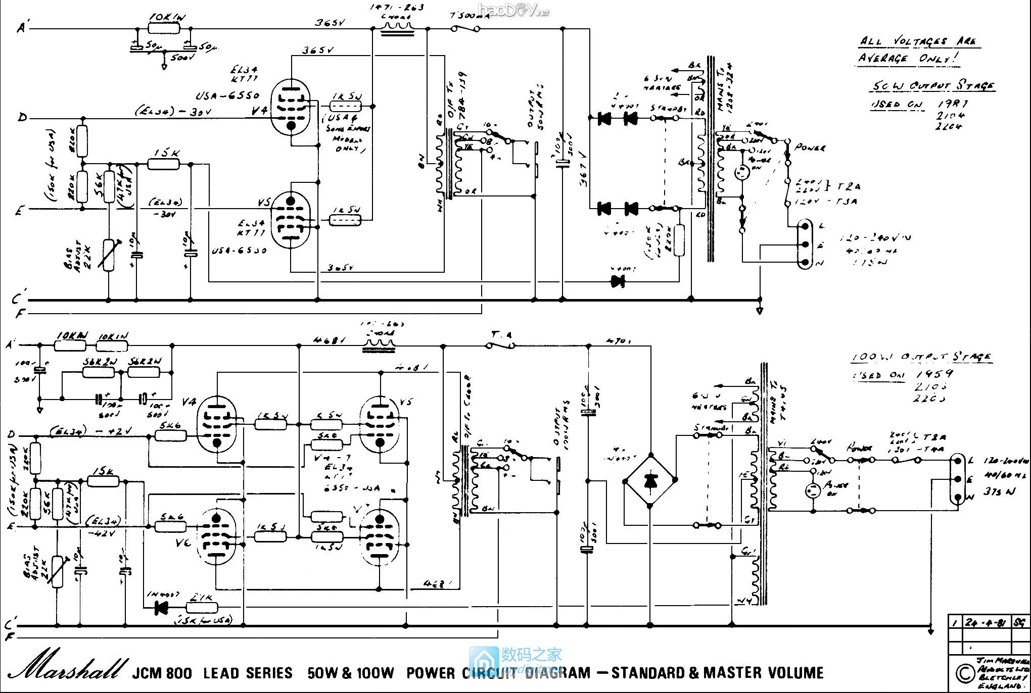 JCM800 power amp and PSU schematic 电源电路 弹吉他用的电子管一体音箱DIY,要风骚要淫荡要好声要能外接箱体