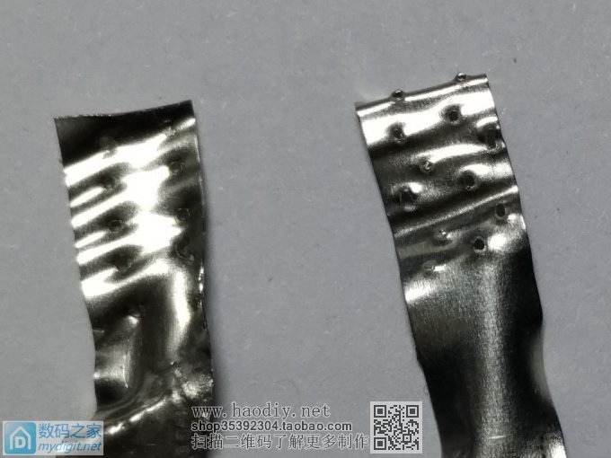 焊接后扯下的镍片 学做DIY大水溏点焊机