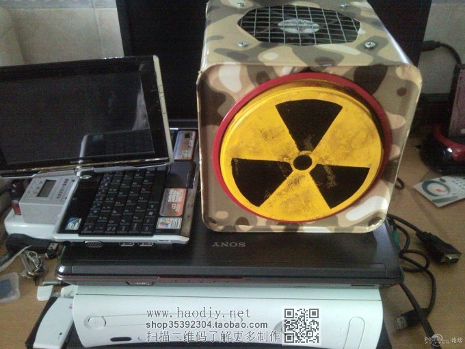 点击查看原图 软硬大改T5710瘦客户机,废旧饼罐改造机箱,30W节能迷彩下载机!